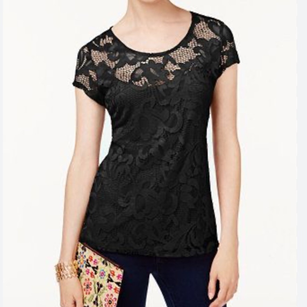 INC International Concepts Black Lacy Short Sleeve Blouse L NWOT